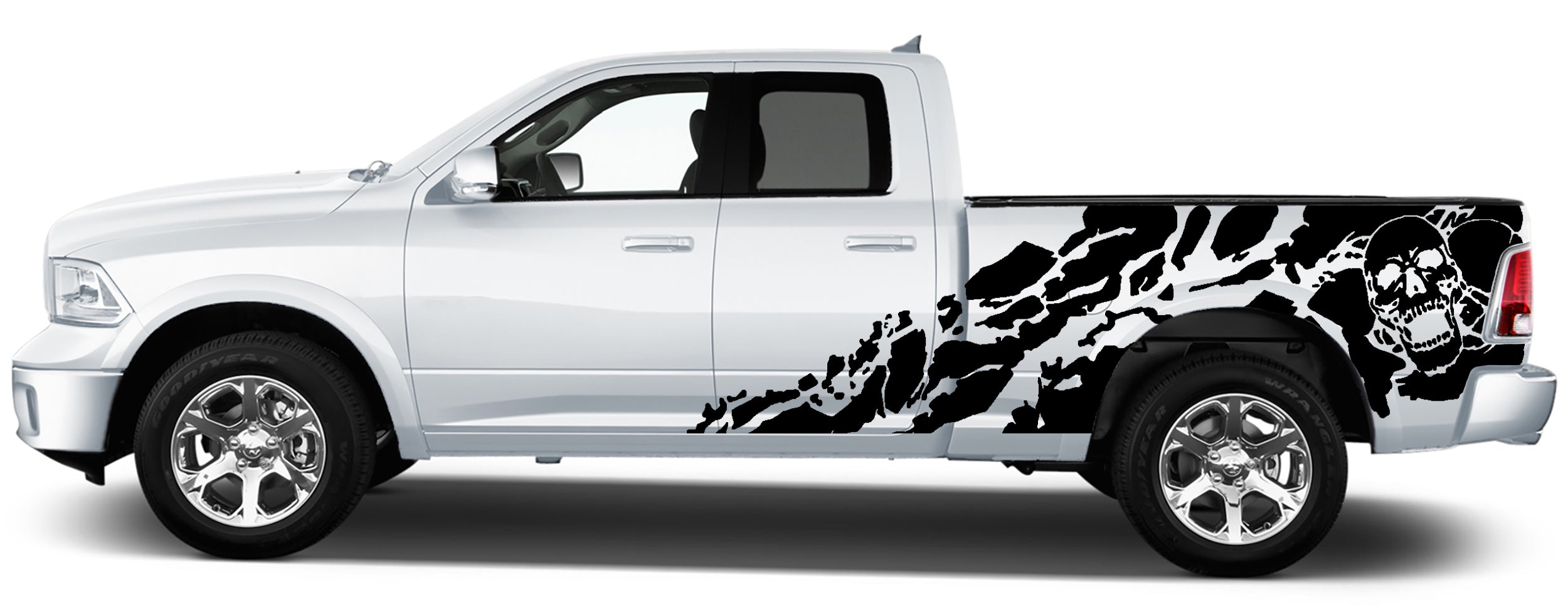 Dodge Ram 1500 skull shred vinyl decals flowing across side doors and rear bed panel
