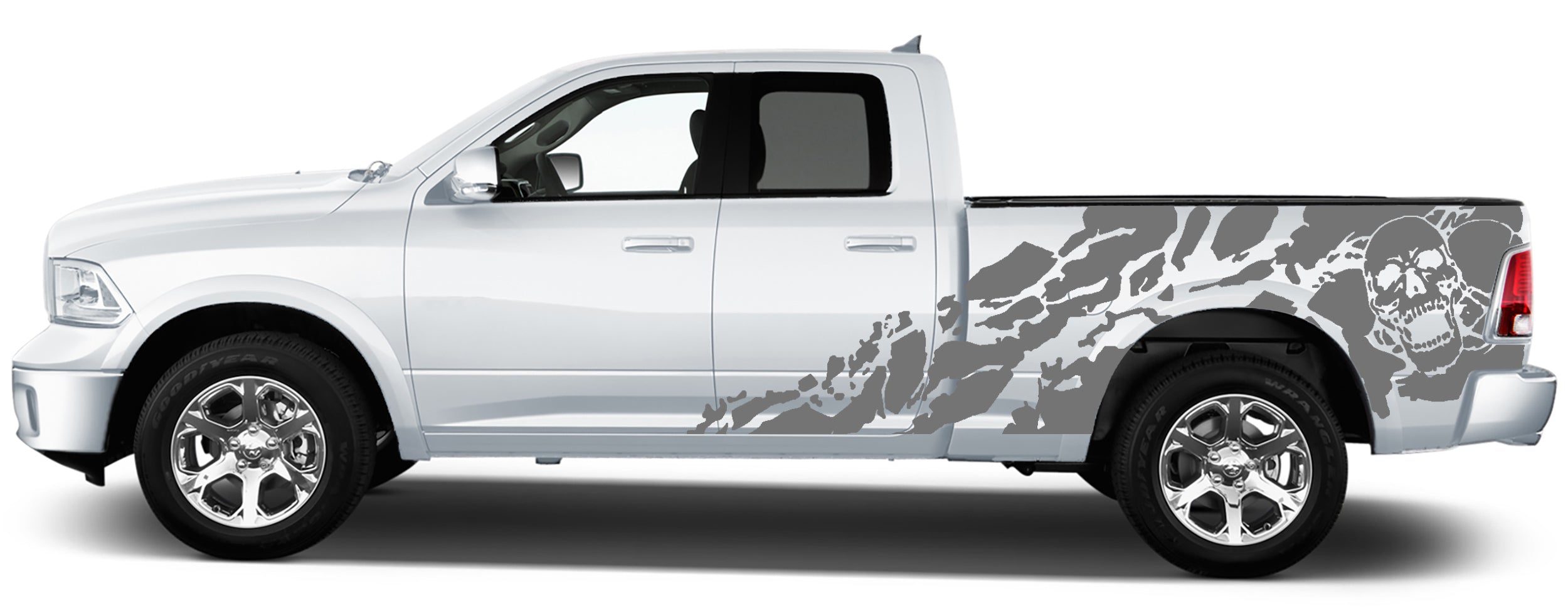 Dodge Ram shredded side door and bed vinyl graphics with skull on rear bed panel