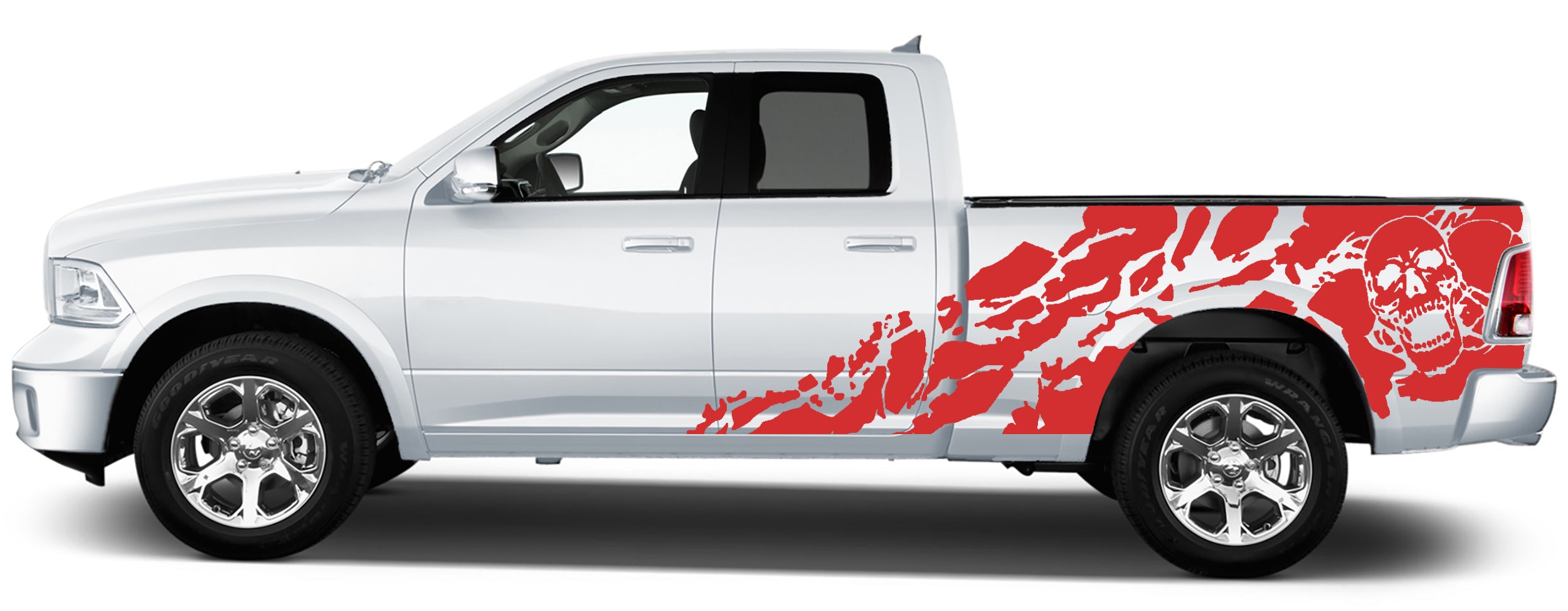 Ram 1500 aggressive skull bed graphics with jagged shredded tear design on truck side