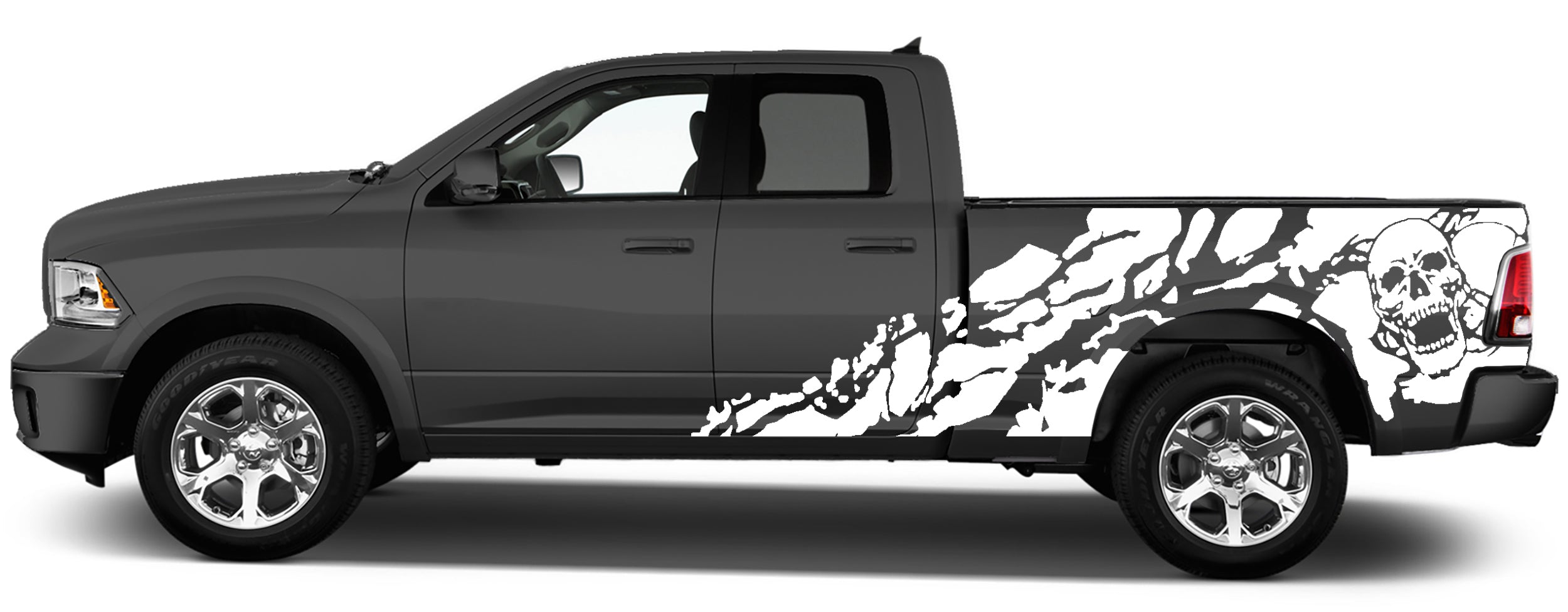 Ram 1500 skull shred decals showing horizontal street-style pattern across doors and bed