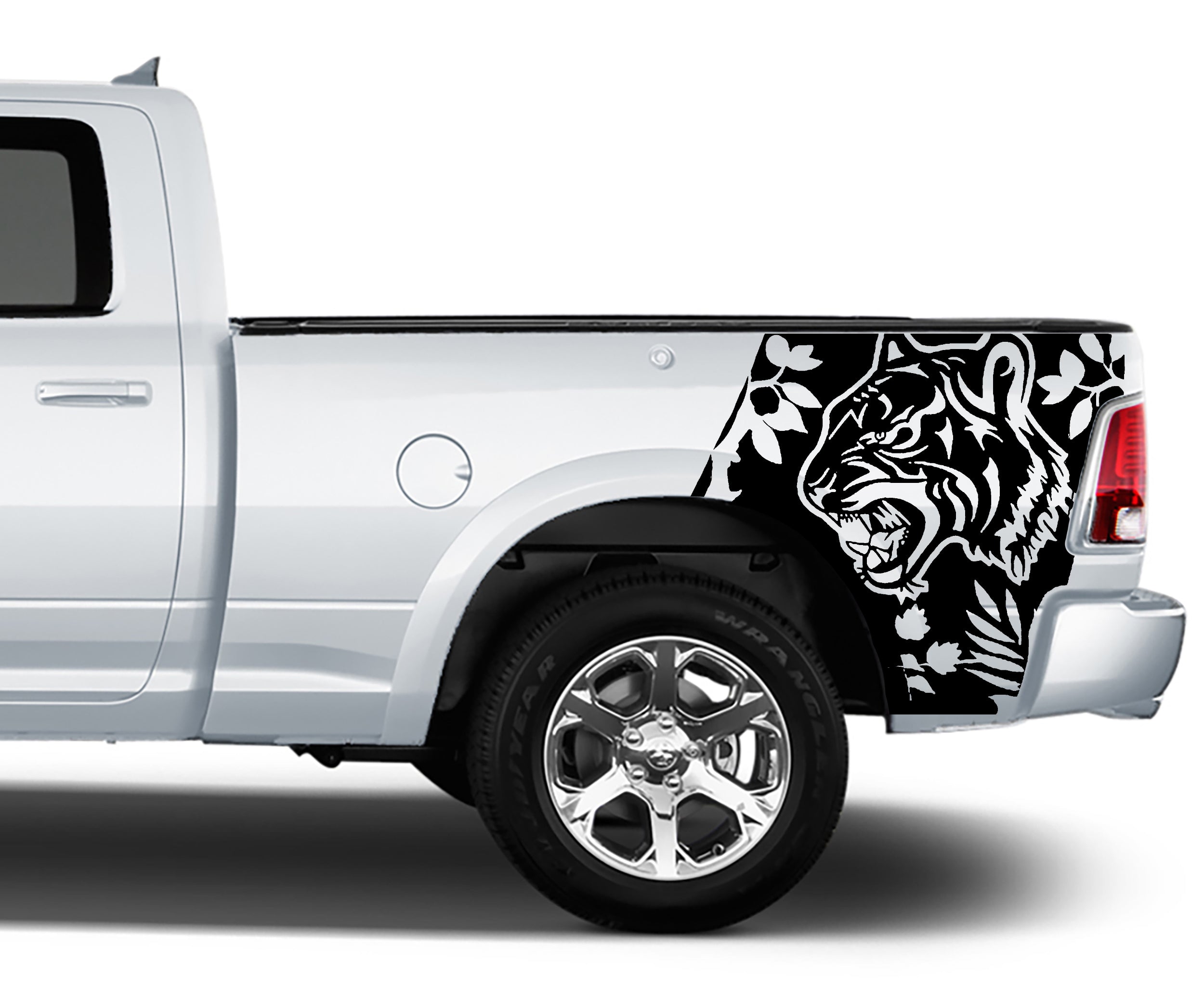 2009–2018 Dodge Ram 1500 bed side tiger decal graphic with roaring tiger head, angled panel, and leaf/vine accents on rear quarter bed panel