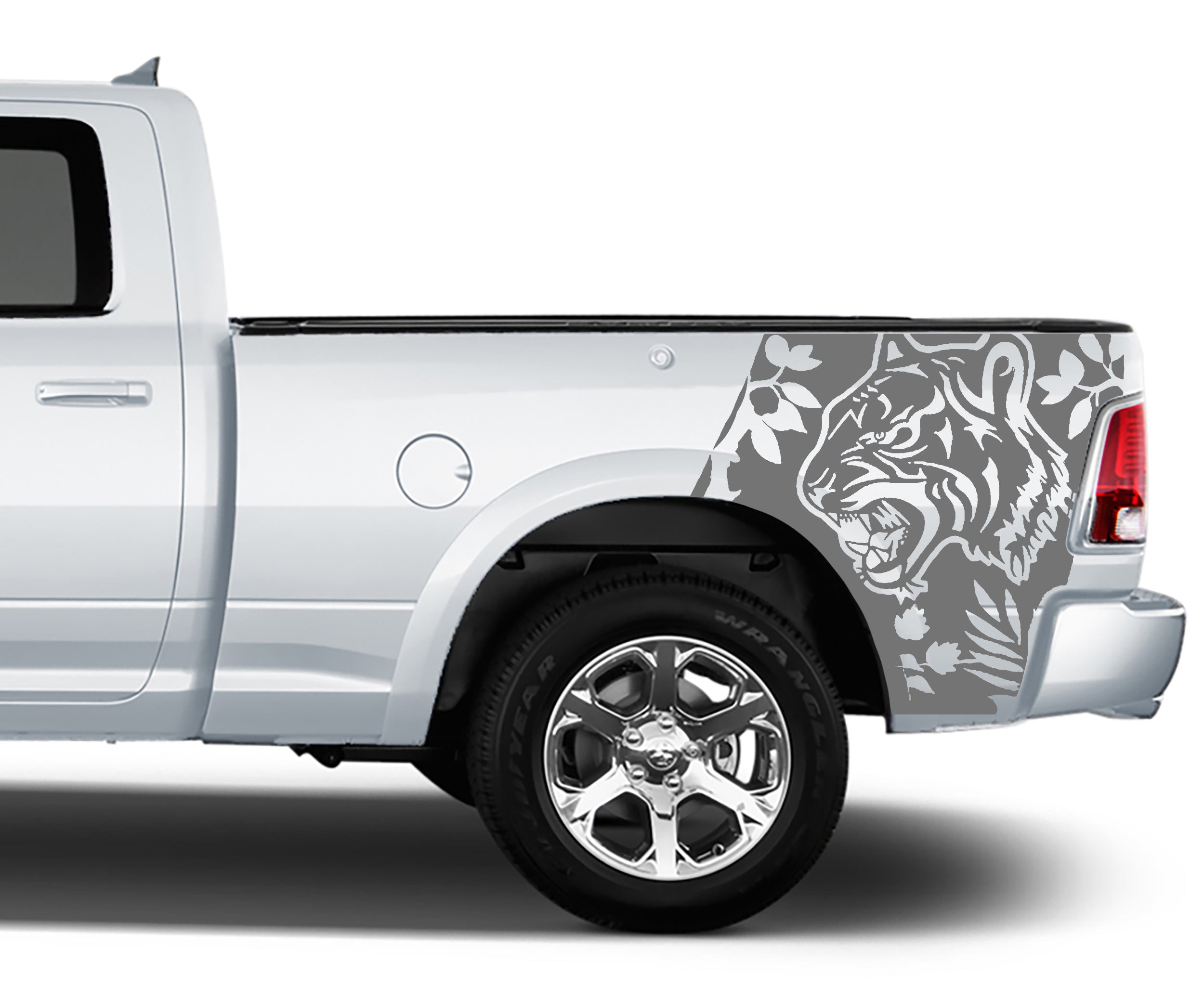 Angled black panel style bed side vinyl graphics layout for 2009–2018 Ram 1500 rear quarter bed panel tiger decal set