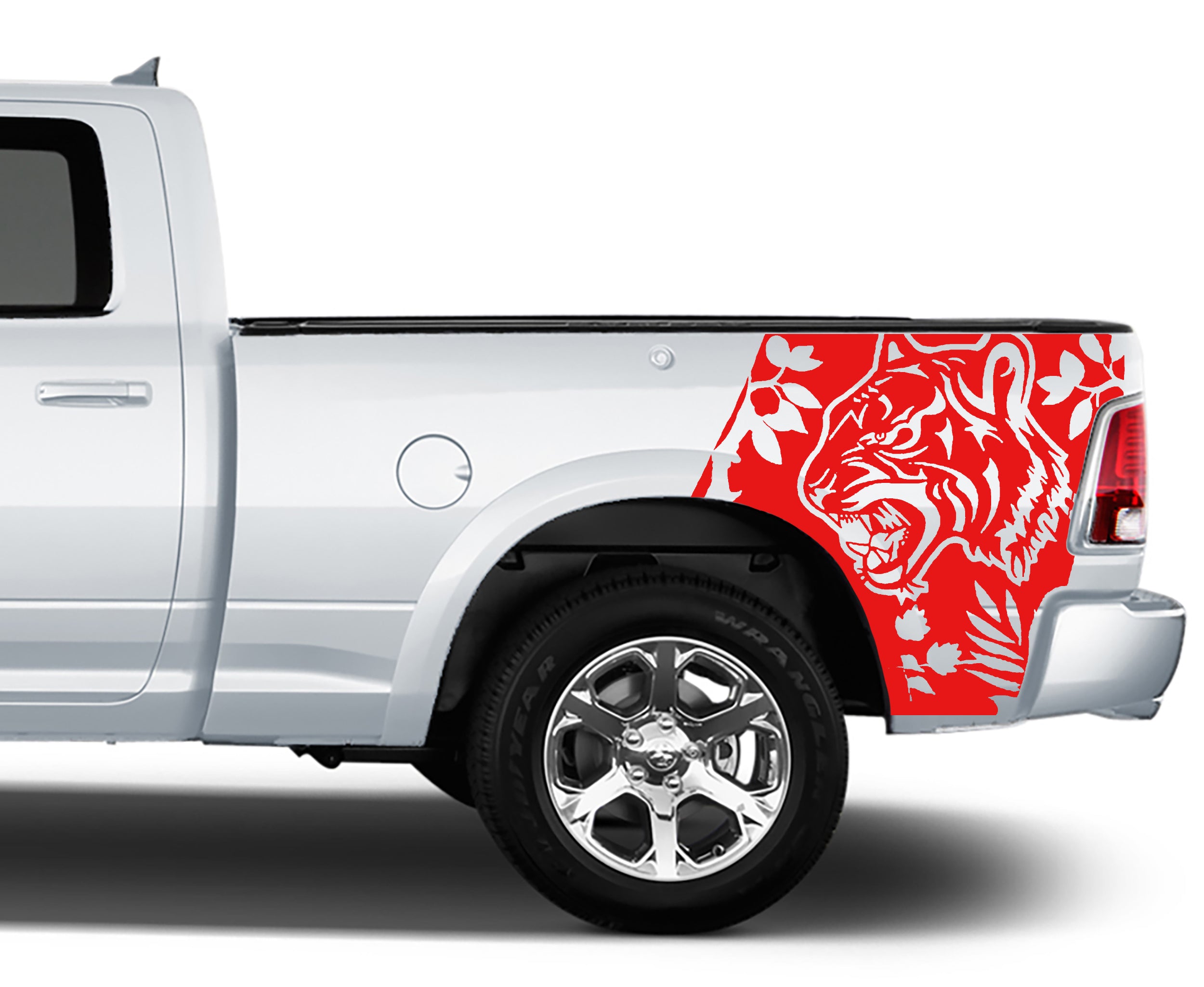 Roaring tiger head vinyl decal artwork with bold linework and foliage accents designed for Dodge Ram 1500 bedside bed panel
