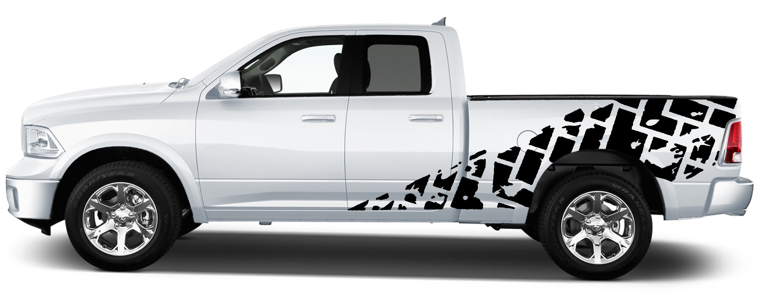 2009–2018 Dodge Ram 1500 tire tread side door and bedside decal kit installed, solid black distressed diagonal tire track graphics spanning doors and bed panel