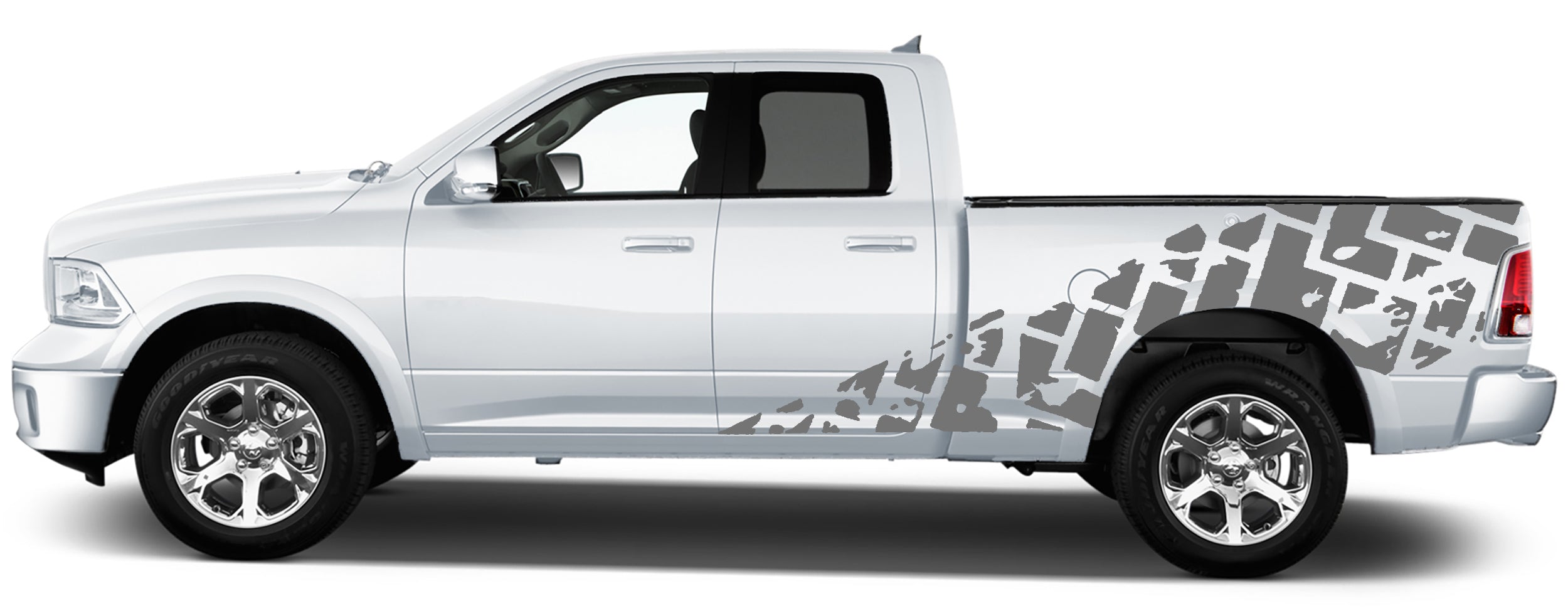 Driver-side view highlighting bed side placement on rear quarter/bed panel, Dodge Ram 1500 bed stripe tire tread graphic aligned cleanly along the bedside