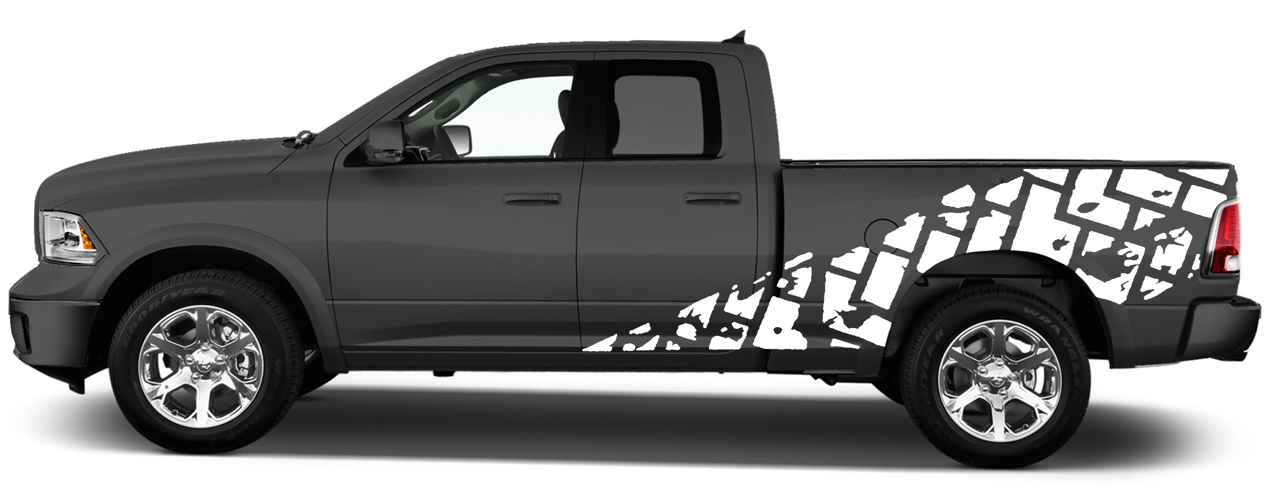 Passenger-side view of Ram 1500 door and bed decal set, rugged off-road tire tread side graphics with sharp silhouette definition and no text