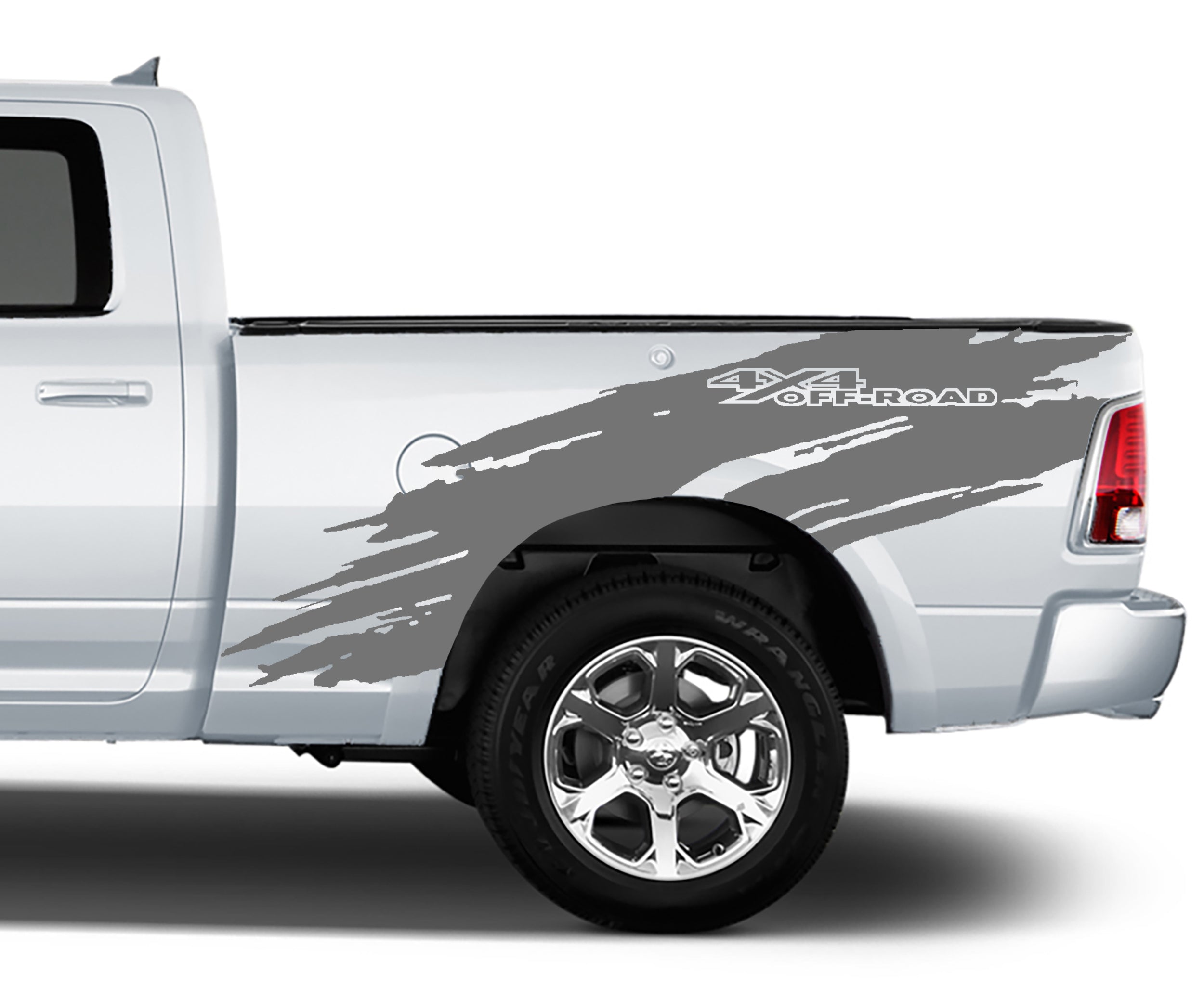 “4X4 OFF-ROAD” typography detail on Dodge Ram 1500 truck bed side vinyl graphics with aggressive torn splash graphic styling