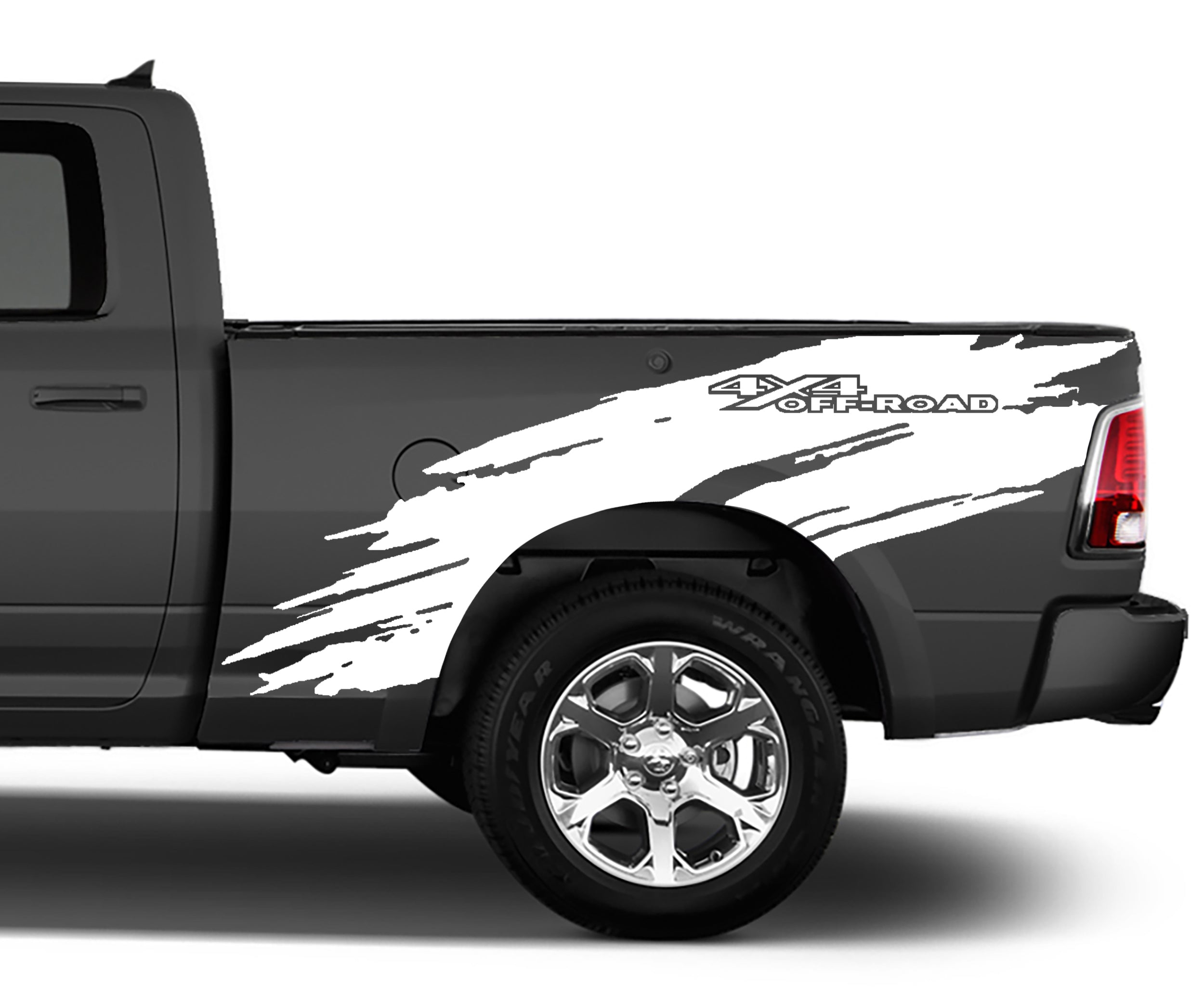 Side view of Ram 1500 bedside graphics placement illustrating bed decals only on rear quarter/bed panel, not door or cab area