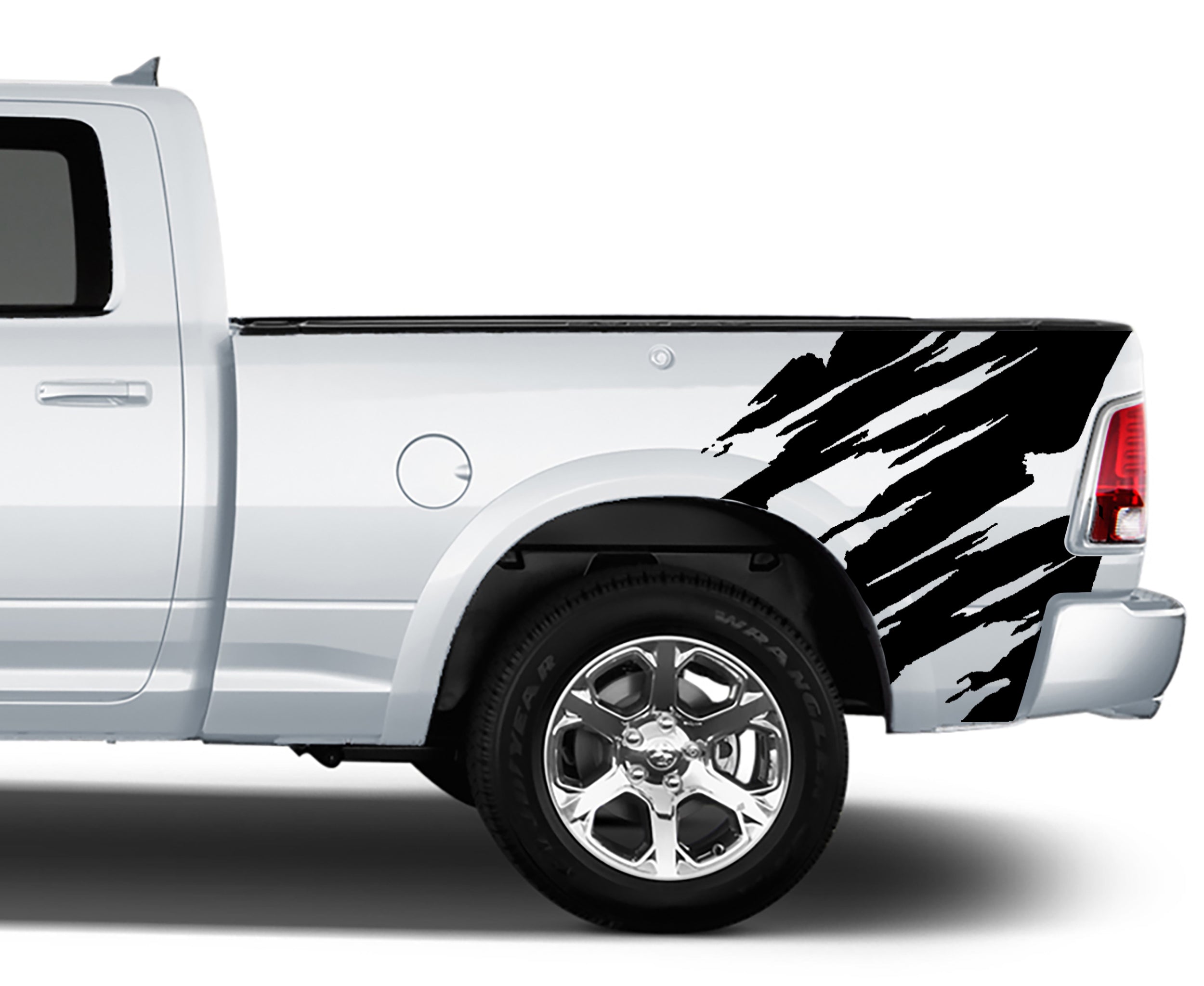 Dodge Ram 1500 bed side claw tear decals installed on rear bed panel with aggressive distressed rip design