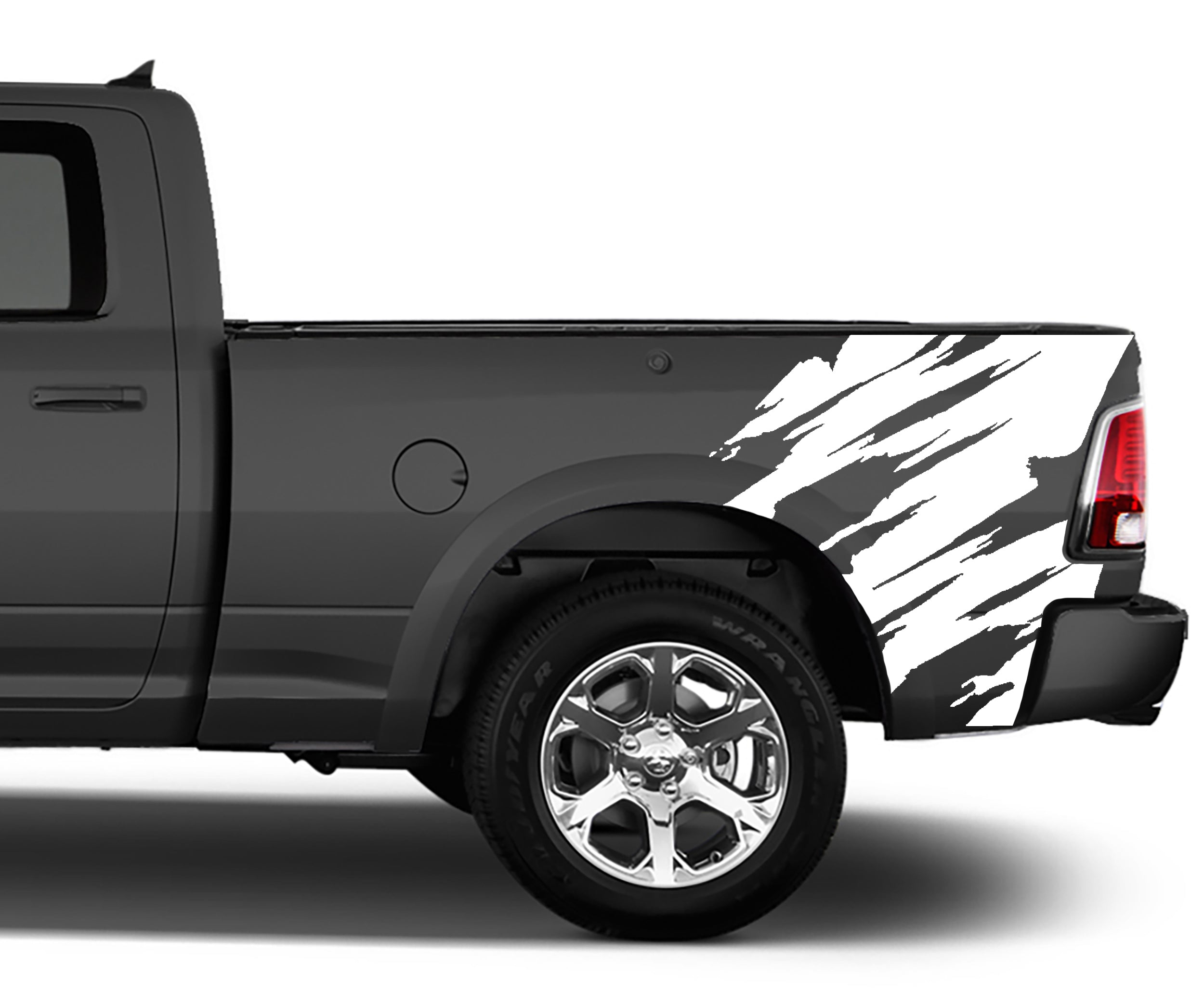 Ram truck claw scratch decals applied to rear bedside, high-contrast layered rip effect