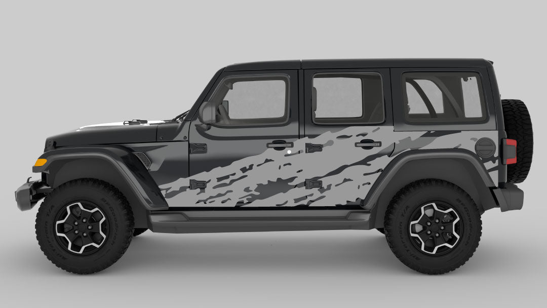 Gray Torn Side Decals on Black Jeep Wrangler JL
