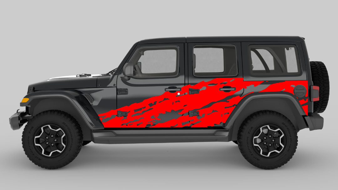 Red Torn Side Decals on Black Jeep Wrangler JL