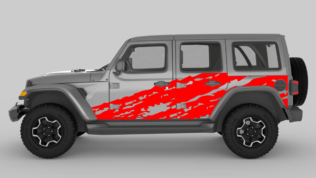 Red Torn Side Decals on Gray Jeep Wrangler JL
