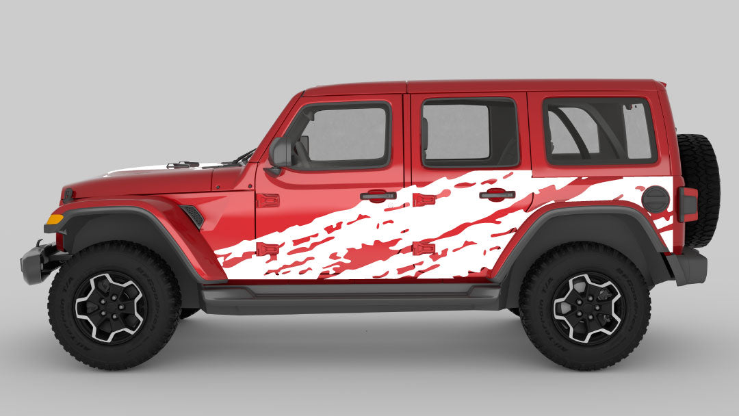 White Torn Side Decals on Red Jeep Wrangler JL