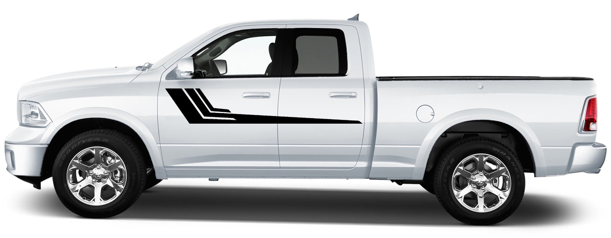2009–2018 Dodge Ram 1500 hockey stripe side door decals installed on driver and passenger doors with aggressive horizontal street styling