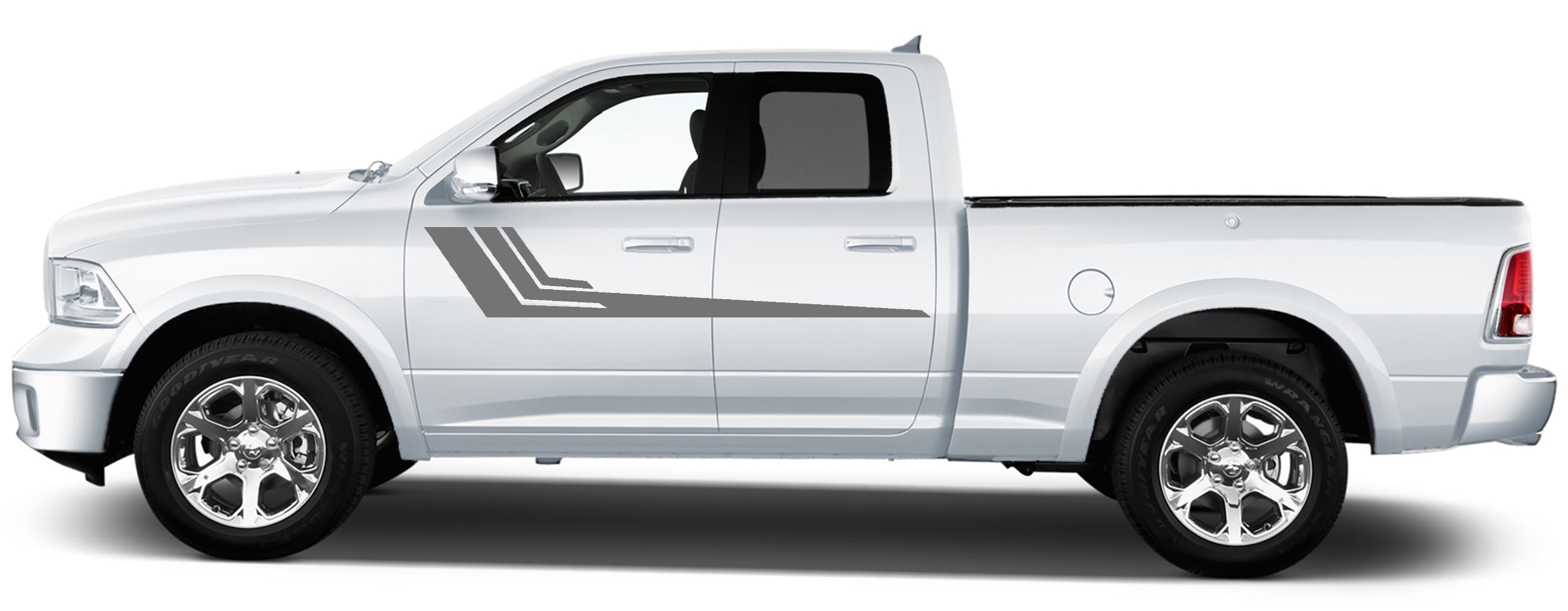 Close-up of Ram 1500 door stripe decals highlighting sharp geometric edges and stepped line transitions