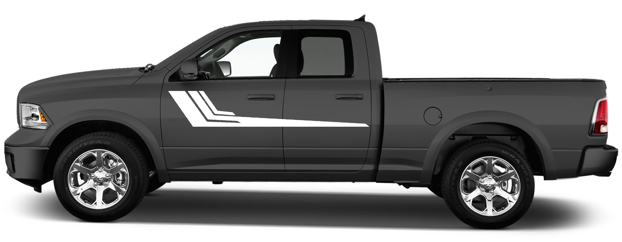2009–2018 Ram 1500 side stripe vinyl applied to door panels with forward-leaning motion lines and clean alignment