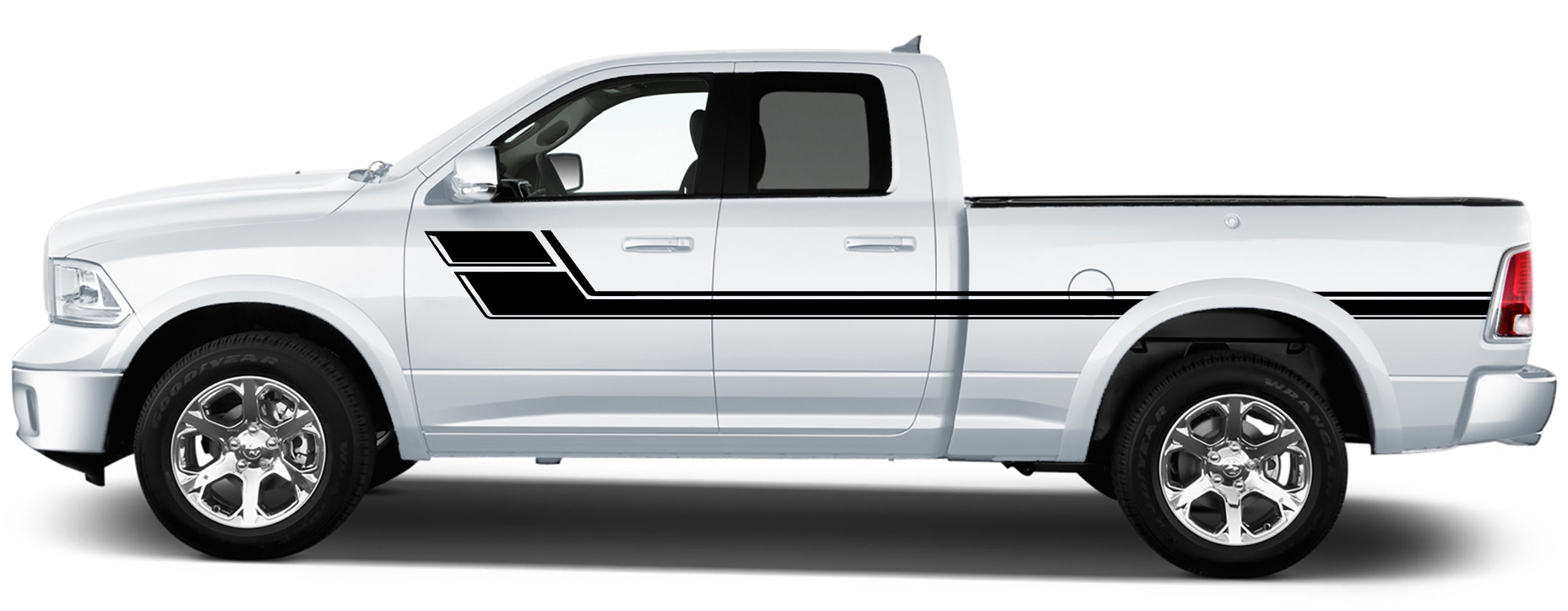 2009–2018 Dodge Ram 1500 side arrow stripe decal kit shown installed across side doors and bed panel with solid black triple-line beltline stripe and front door arrow accent