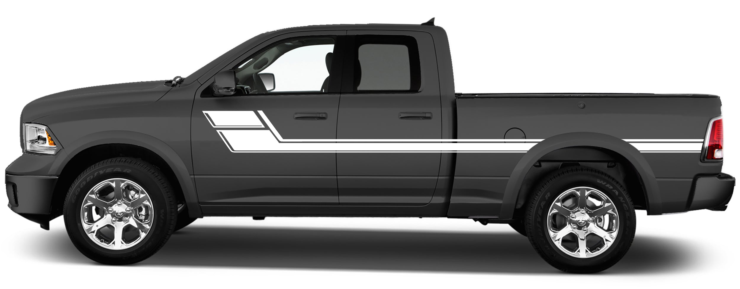 Side profile detail highlighting the long horizontal thick stripe with upper and lower thin pinstripes running straight across doors into the bed, solid black fill for crisp silhouette definition