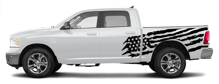Dodge Ram 1500 American flag bed decal with distressed patriotic stripes and stars applied on the rear bed side panel