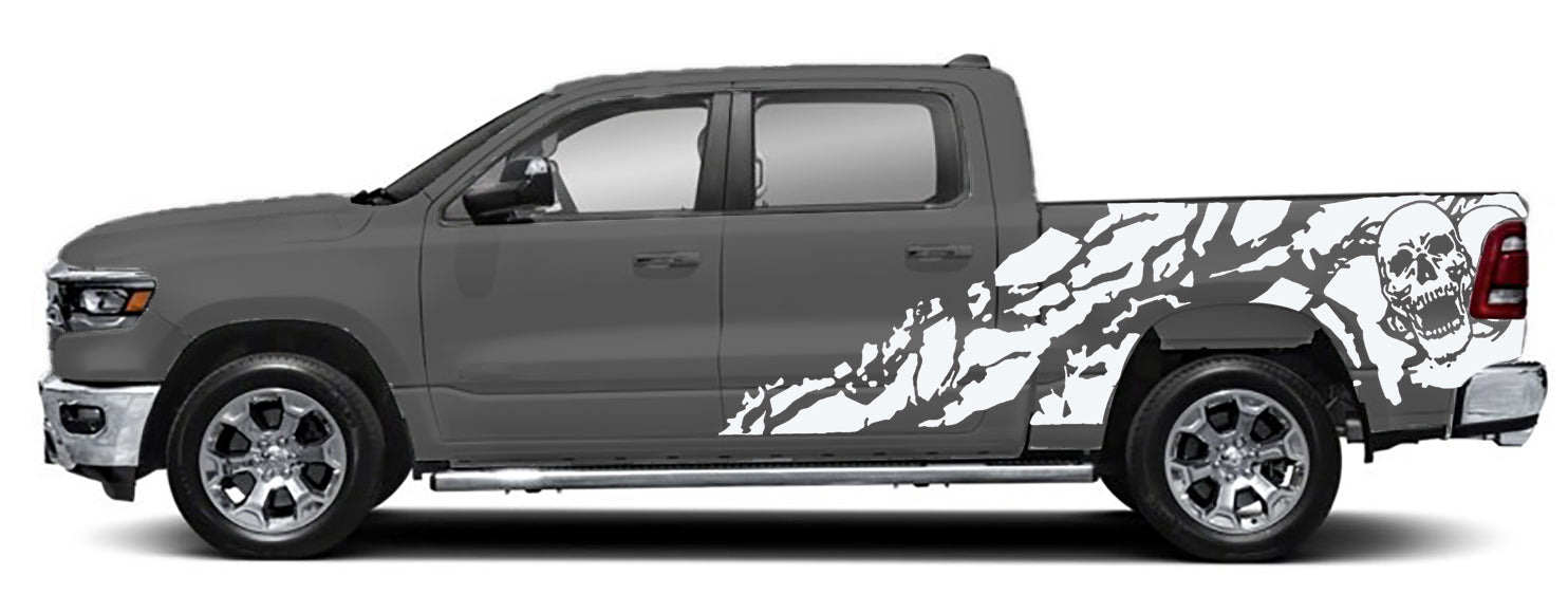 shredded skull side graphics for dodge ram 2018 to 2023 models white