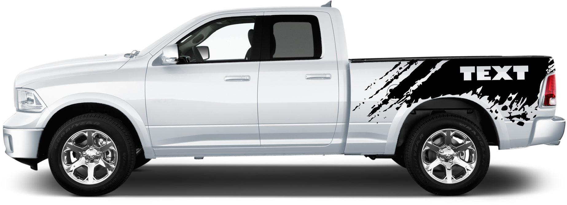 Dodge Ram 1500 mud splatter bed decals on rear bed side panel, aggressive abstract street-style vinyl graphics (2009–2018)