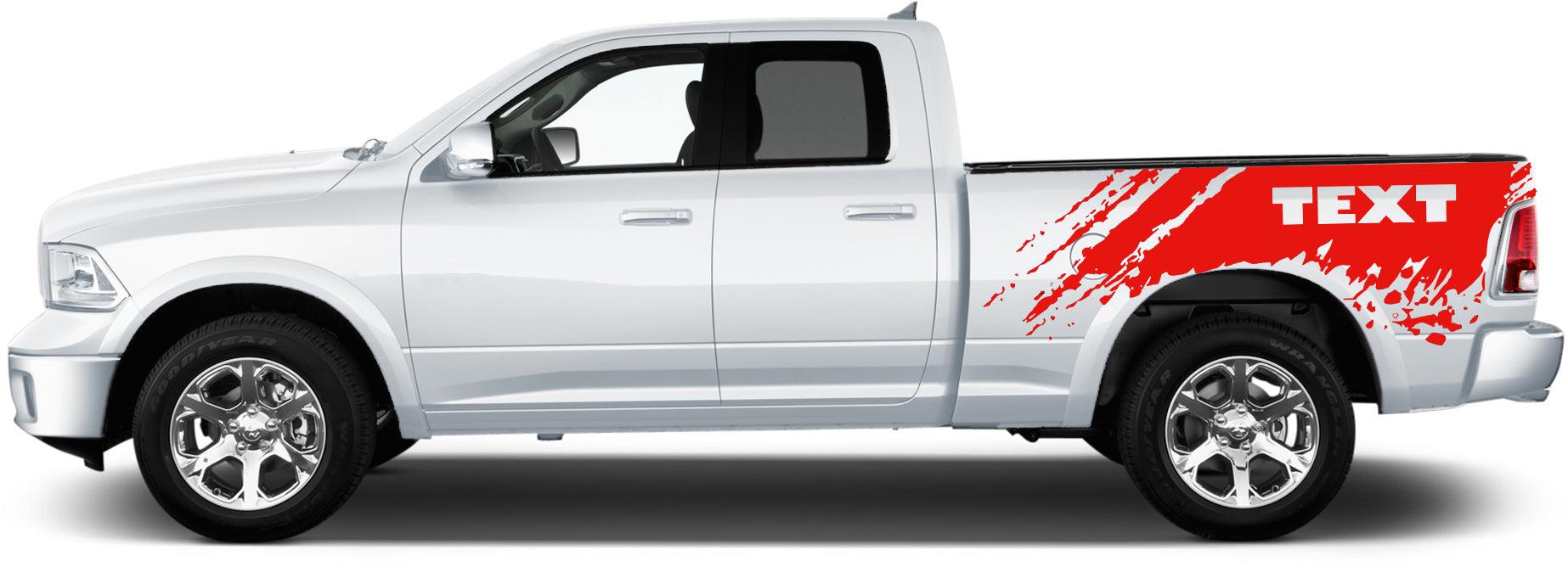 Dodge Ram 1500 bed side splatter decals close up showing high contrast black vinyl coverage on rear bed panel