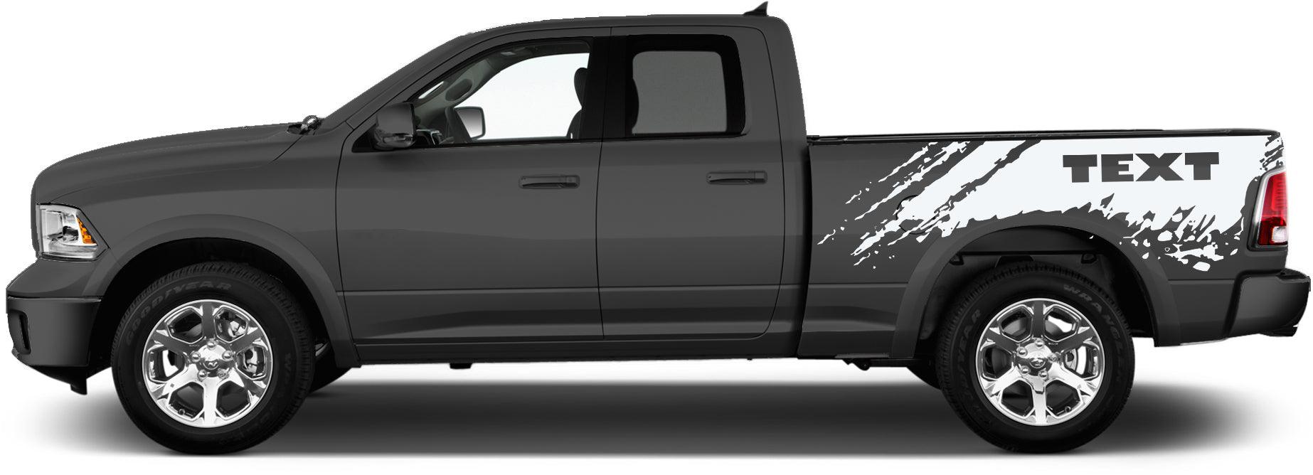 Ram 1500 custom bed graphics with diagonal mud stroke pattern, designed specifically for bed decals not doors