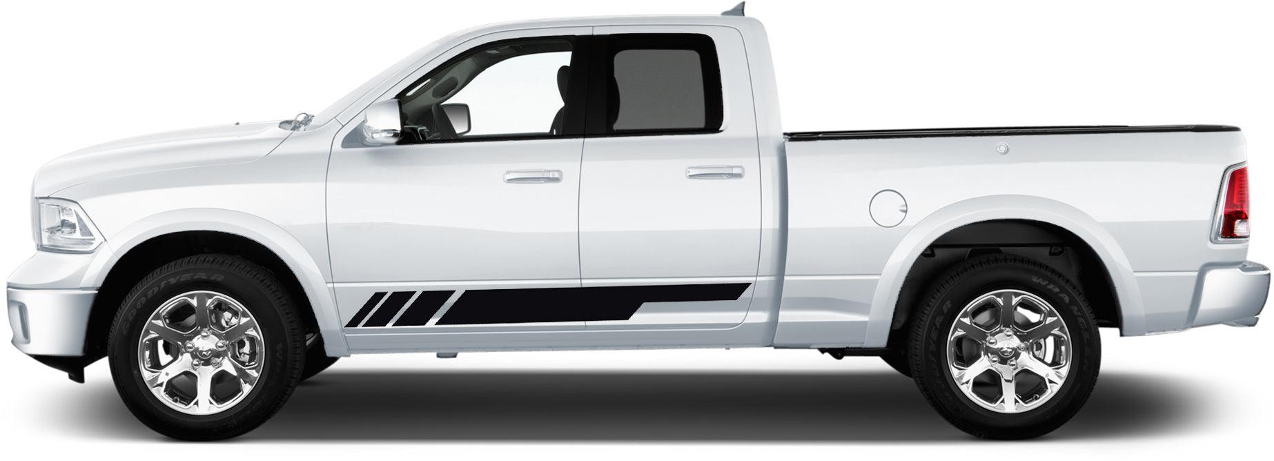 Aggressive racing-style rocker panel stripe decal installed on a 2009–2018 Dodge Ram 1500, showing extended horizontal block stripe with angled front accents along the lower body.