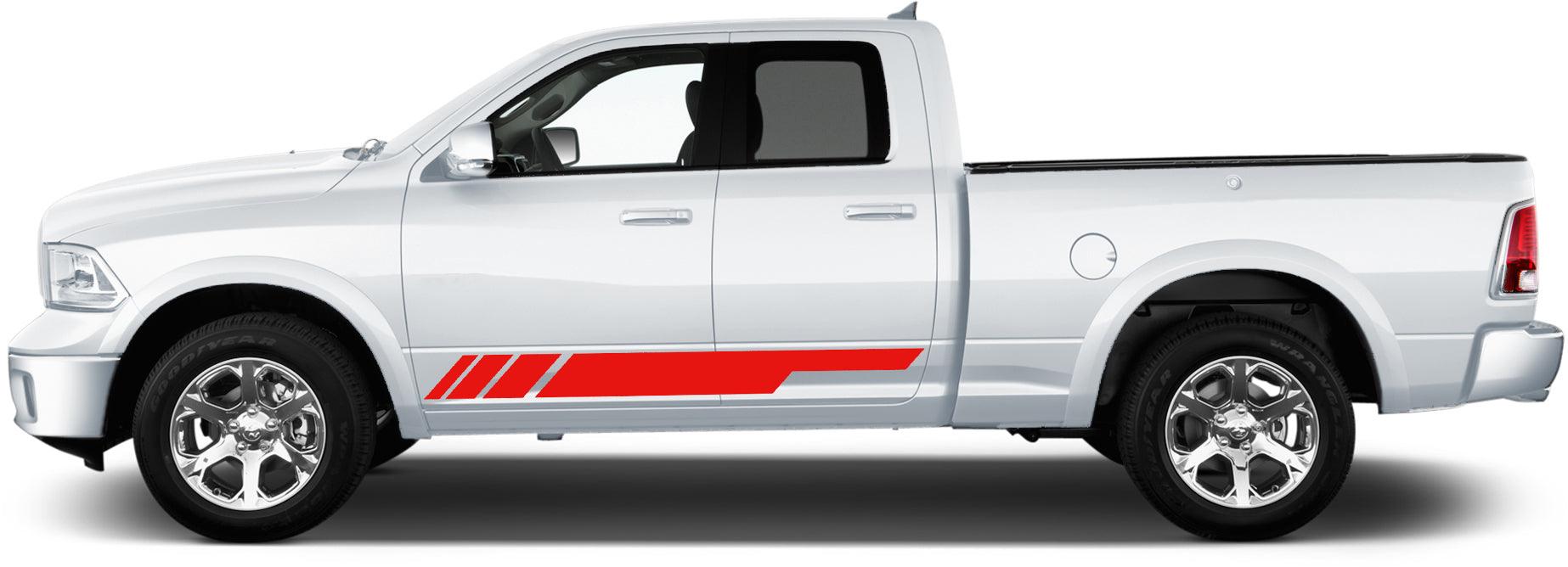 Side profile of a Dodge Ram 1500 featuring performance-inspired rocker side vinyl graphics positioned below the doors, emphasizing lower body stance and length.