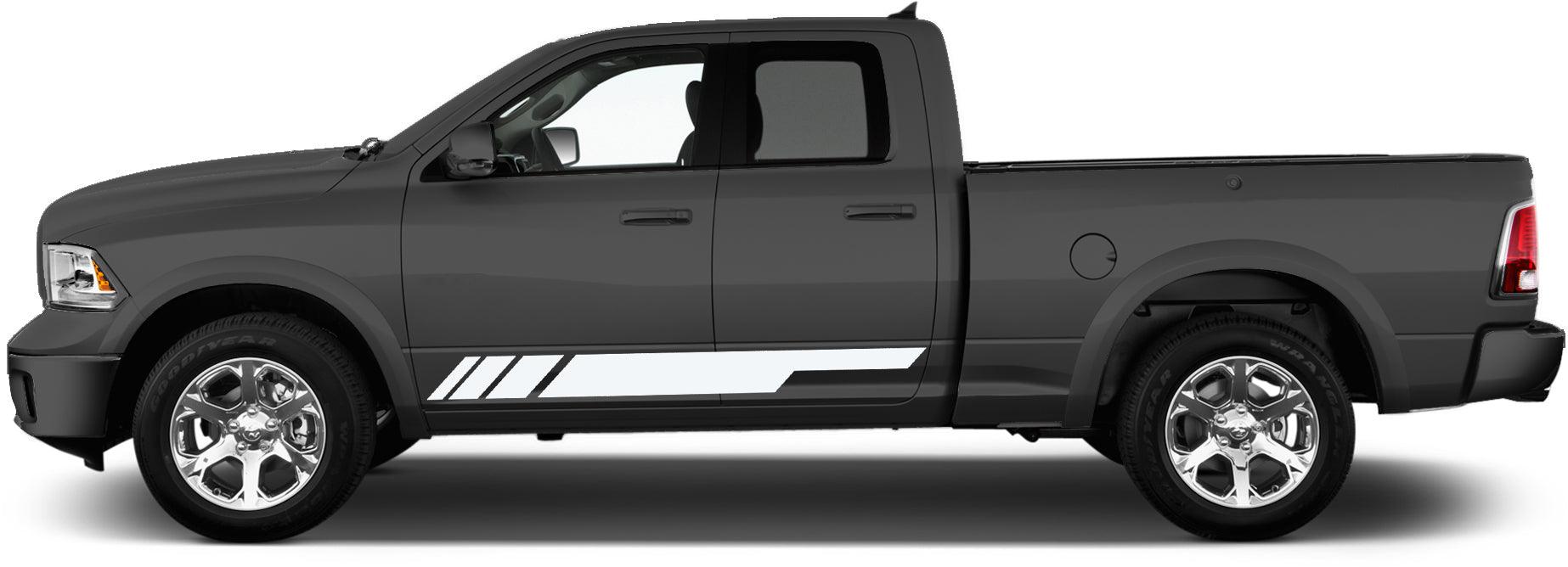 Detailed view of Ram 1500 lower rocker panel stripe kit illustrating precise alignment, clean stripe termination, and race-inspired styling separate from door and cab panels.