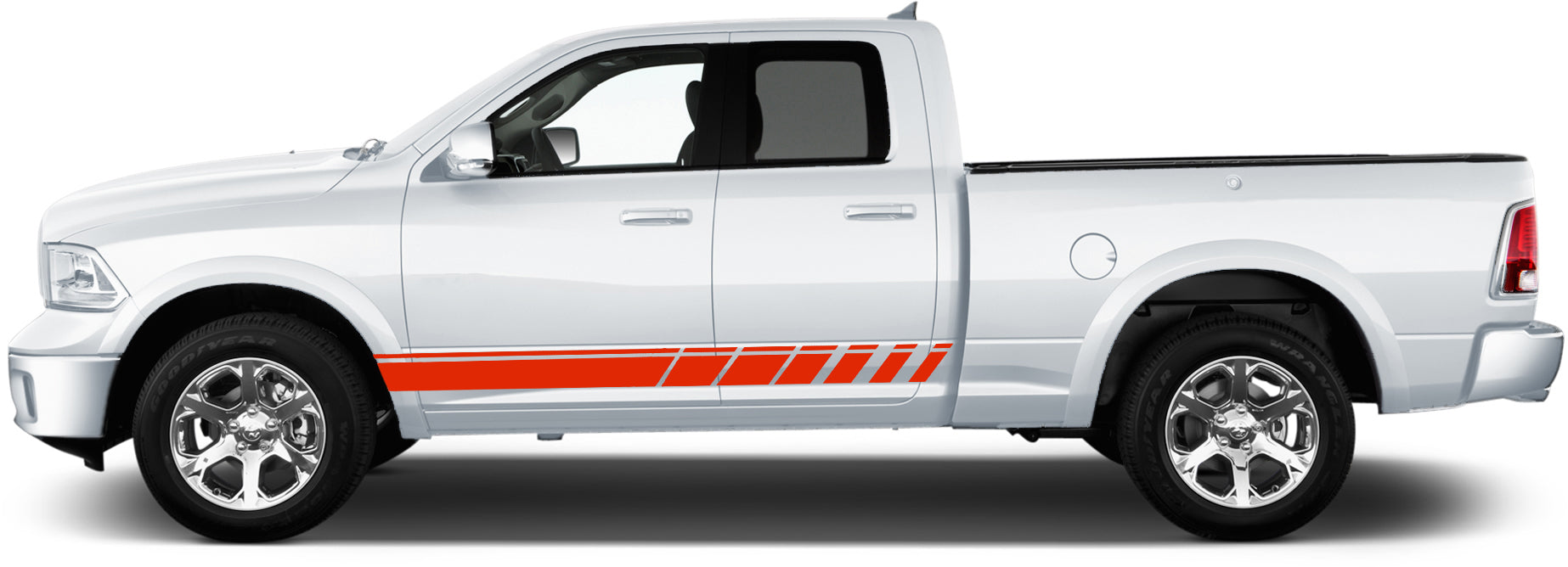 Close-up view of Ram 1500 vinyl rocker stripes applied to the rocker panel, emphasizing performance-style striping and clean lower-body alignment.