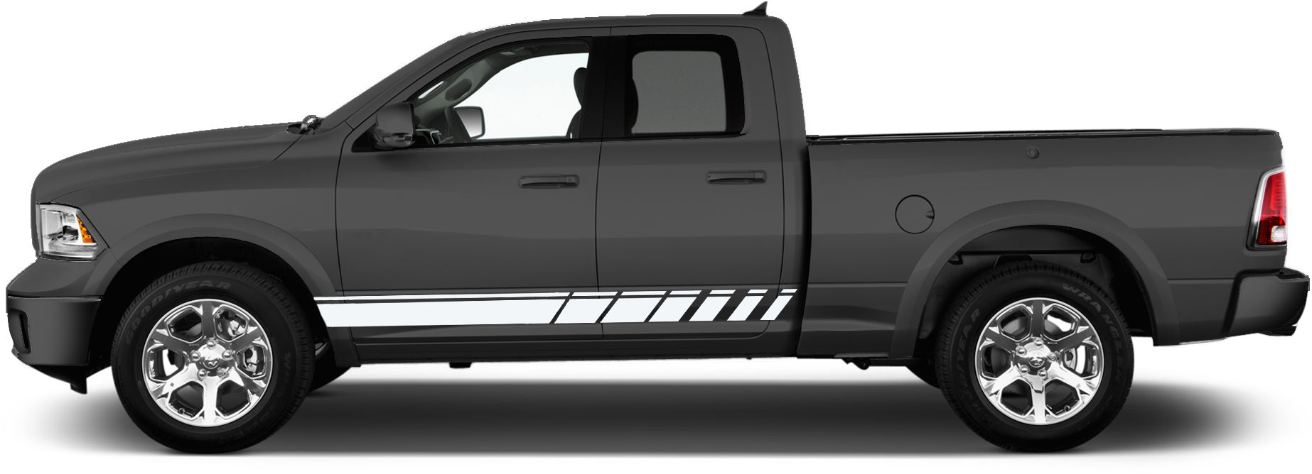 Side profile of Dodge Ram 1500 with performance rocker striping vinyl graphics, clearly placed below the doors on the rocker panel area.