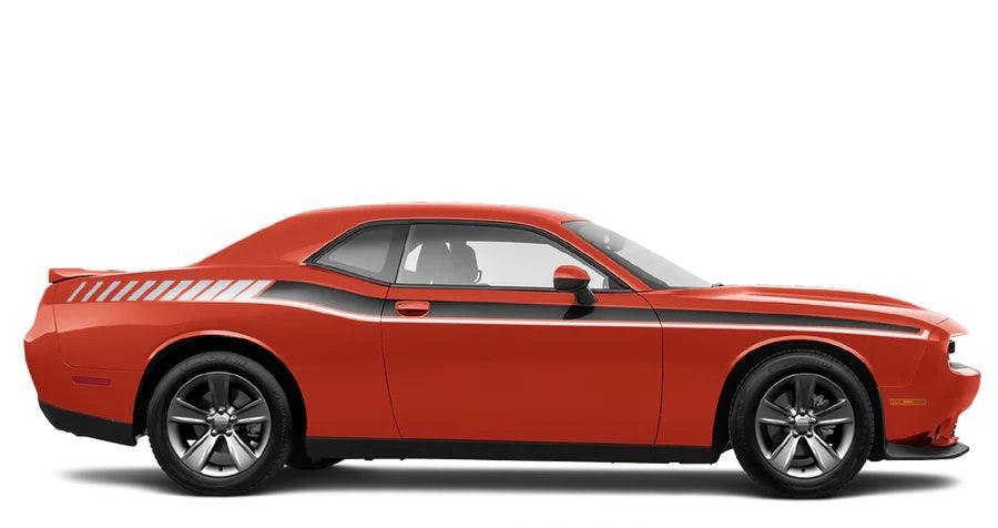 red car with white and black Long Side Stripes