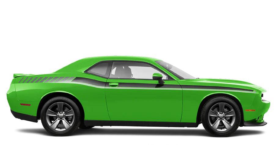 green car with gray and black Long Side Stripes