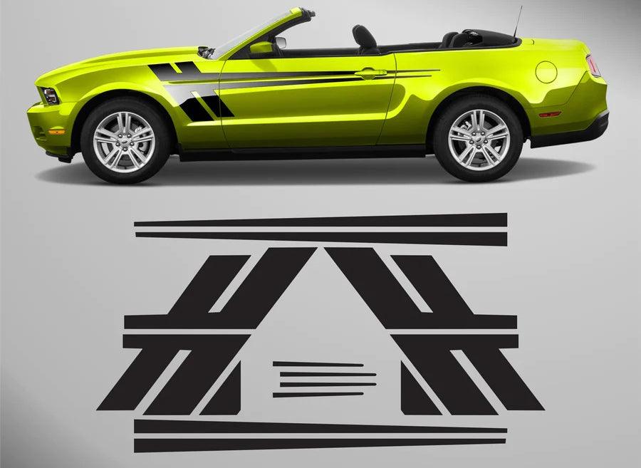 Black modern sport door and fender stripe decal kit for Ford Mustang 5th gen with design layout preview
