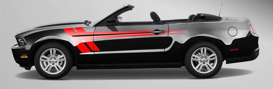 Red modern sport side stripe graphics kit installed on black Ford Mustang 2005–2014 convertible