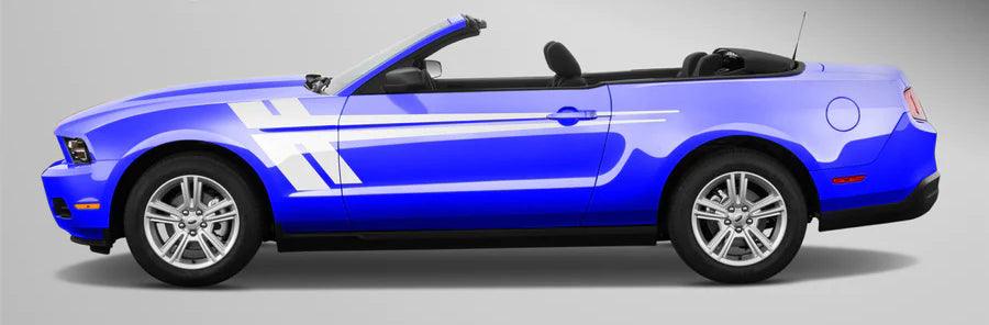 White modern sport side stripe decals on blue Ford Mustang 5th gen convertible door and fender