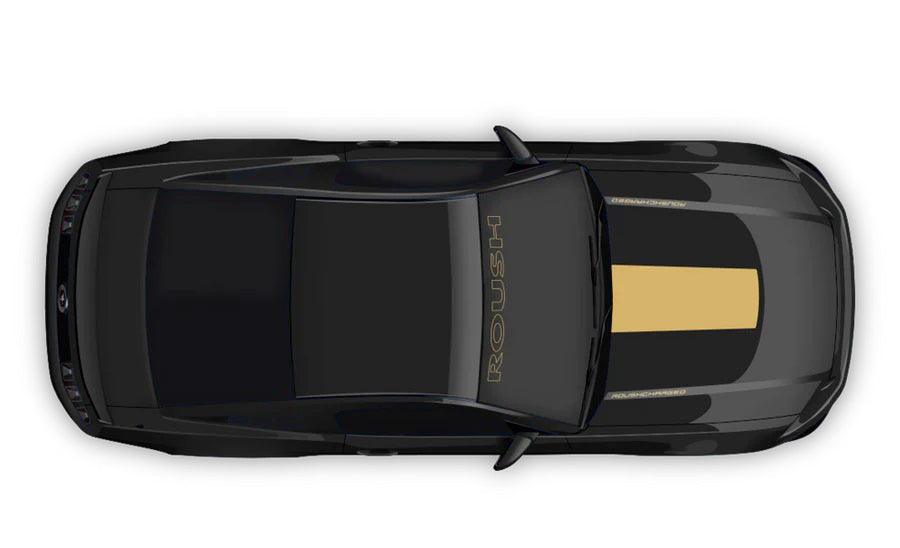 black car with gold Roush Hood & Windshield Decals