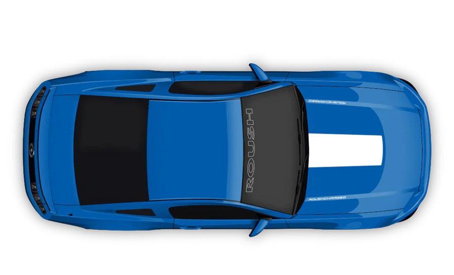 blue car with white Roush Hood & Windshield Decals