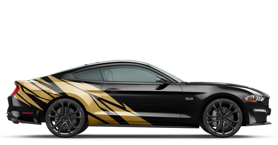 Gold Warlord side decal graphics kit on black Ford Mustang with bold rear quarter and door stripes