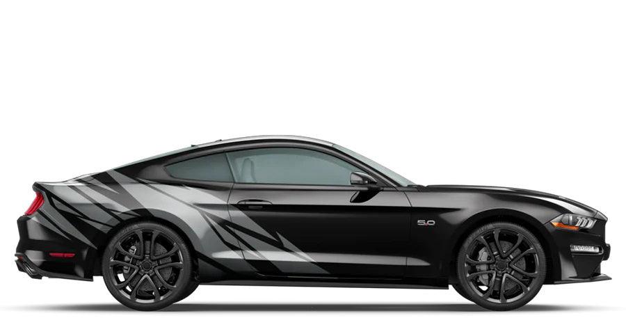 Gray Warlord shard style side decals on black Ford Mustang rear quarter panel and door