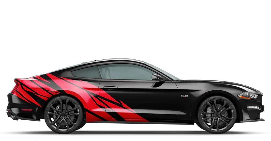Red Warlord Mustang side stripe graphics on black 5.0 coupe with sharp blade style accents