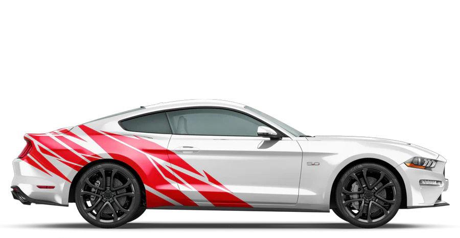 Red Warlord fender side decal kit on white Ford Mustang with aggressive angled stripe pattern