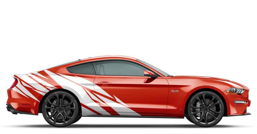White Warlord side graphics kit installed on orange Ford Mustang with rear quarter stripe design
