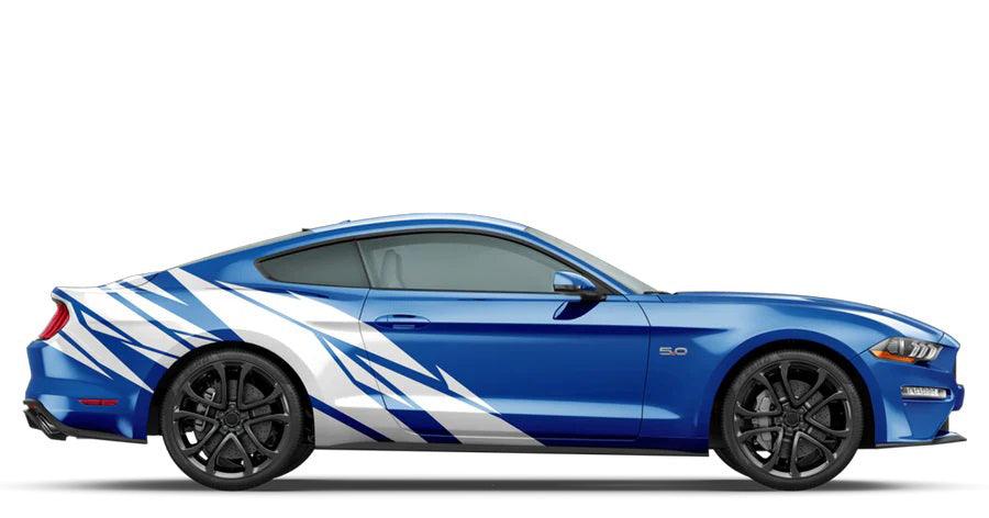 White Warlord shard stripe fender and door decals on blue Ford Mustang 5.0 side view