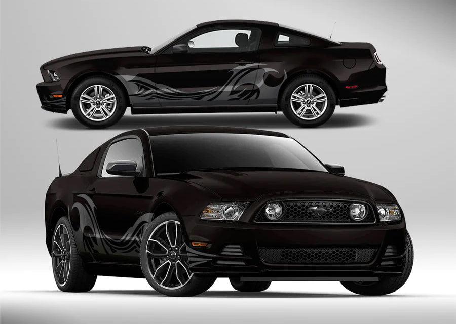 Gray tribal wave side stripe decals on black Ford Mustang 5th gen with door and fender graphics