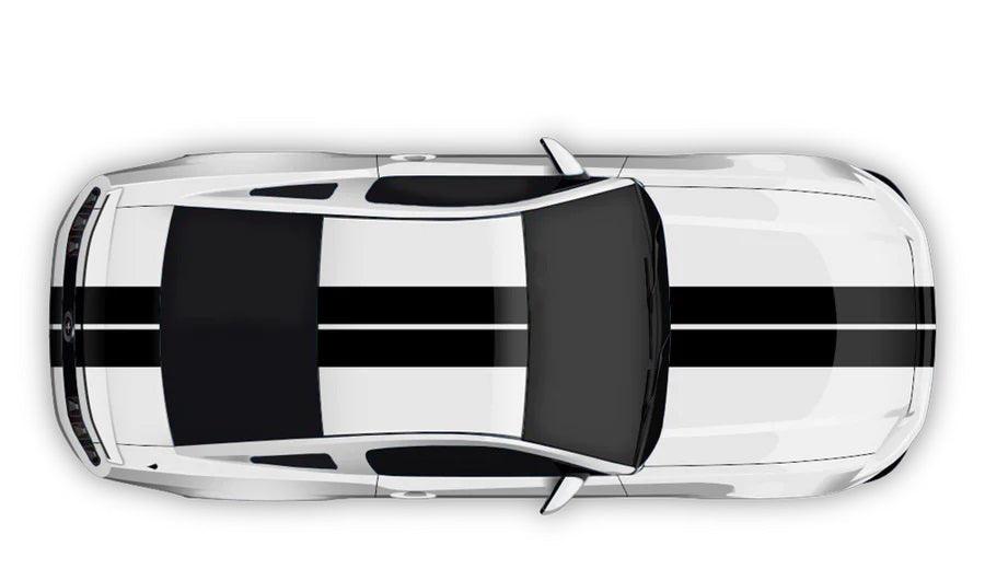 Black dual racing stripes full body kit on white Ford Mustang with hood roof trunk stripes top view