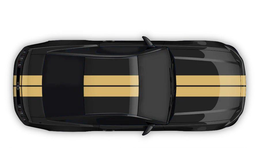 Gold dual racing stripe decals on black Ford Mustang full body hood roof trunk stripe kit top view