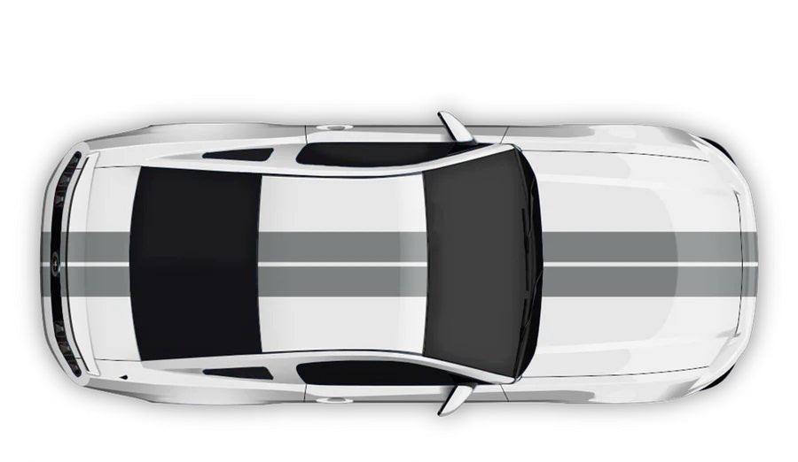 Gray twin racing stripe vinyl kit on white Ford Mustang full body hood roof trunk top view